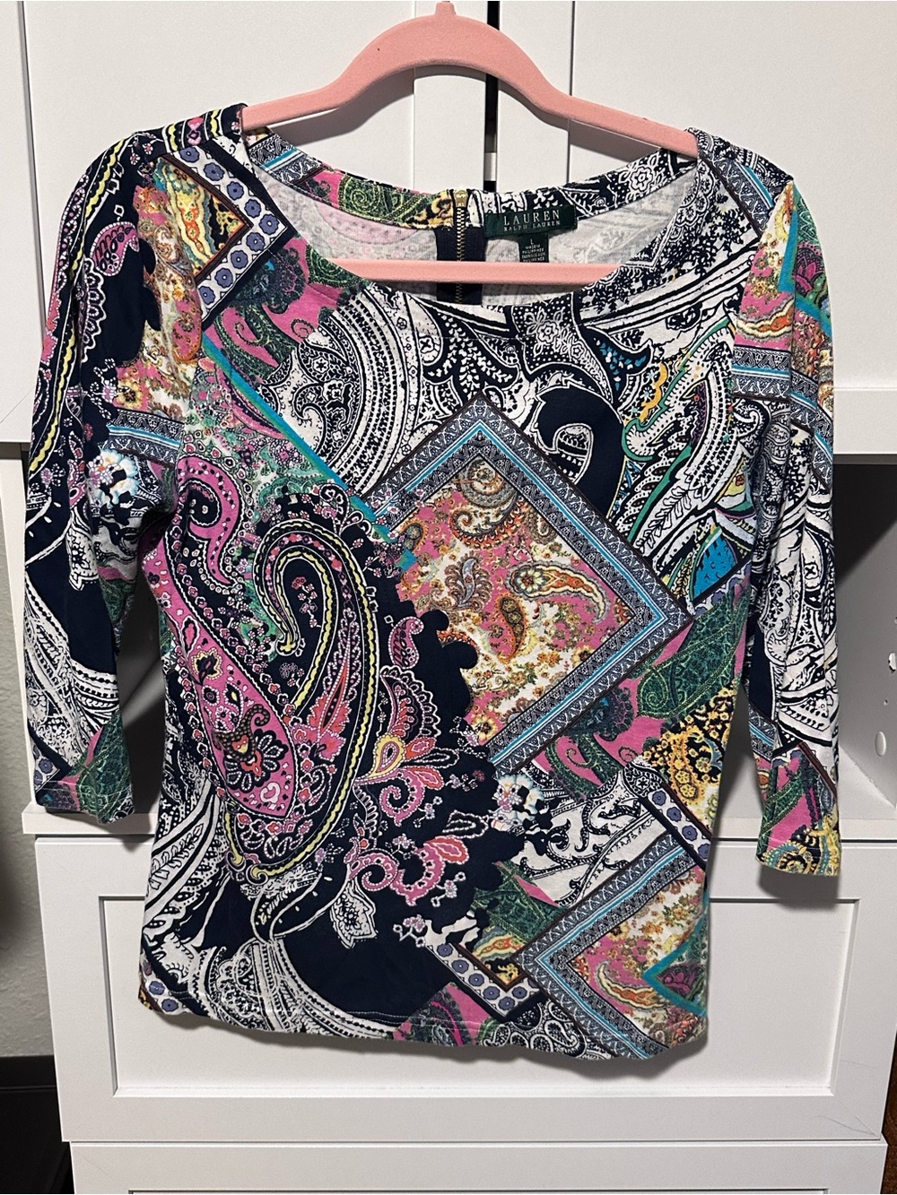 Lauren Ralph Lauren Paisley Patchwork 3/4 Sleeve Top Size Large